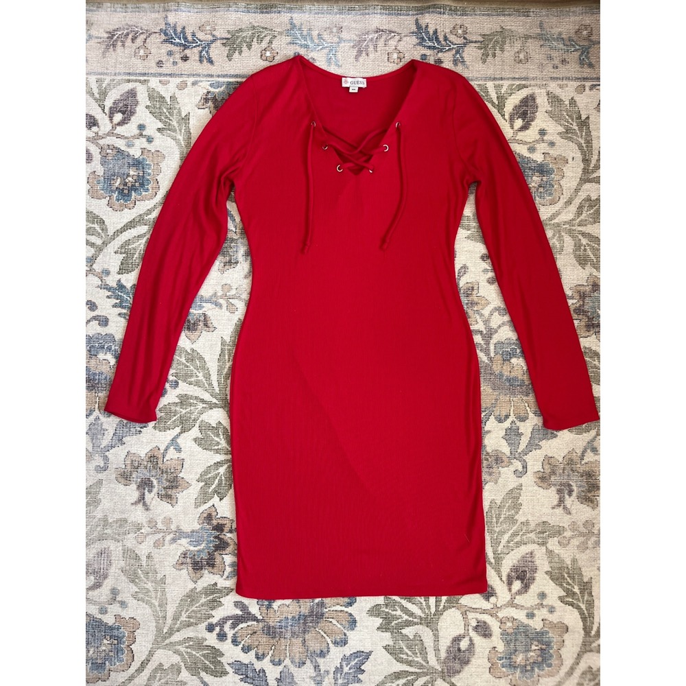 Guess Bodycon Dress Women Medium Red Excellent Lace Up Ribbed Long Sleeve